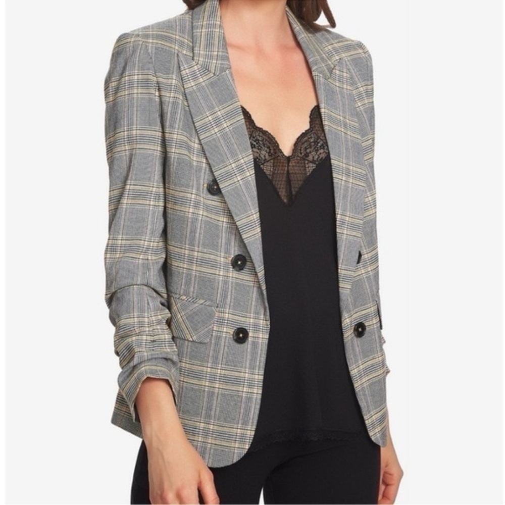 Revolve 1.State Plaid Houndstooth Ruched Sleeve Open Front Blazer